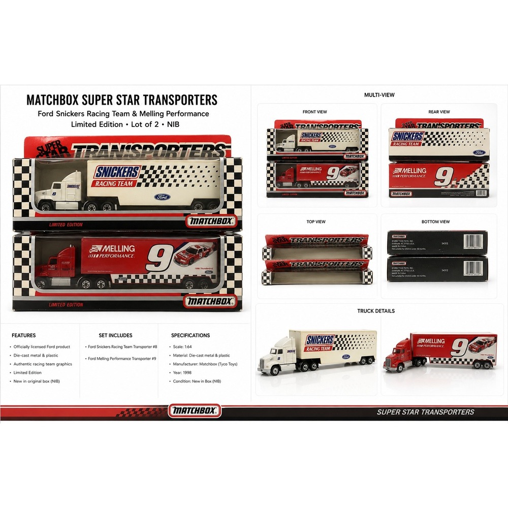 1992 Lot Of 2 Snickers & Melling Racing Team Super Star Transporter Matchbox